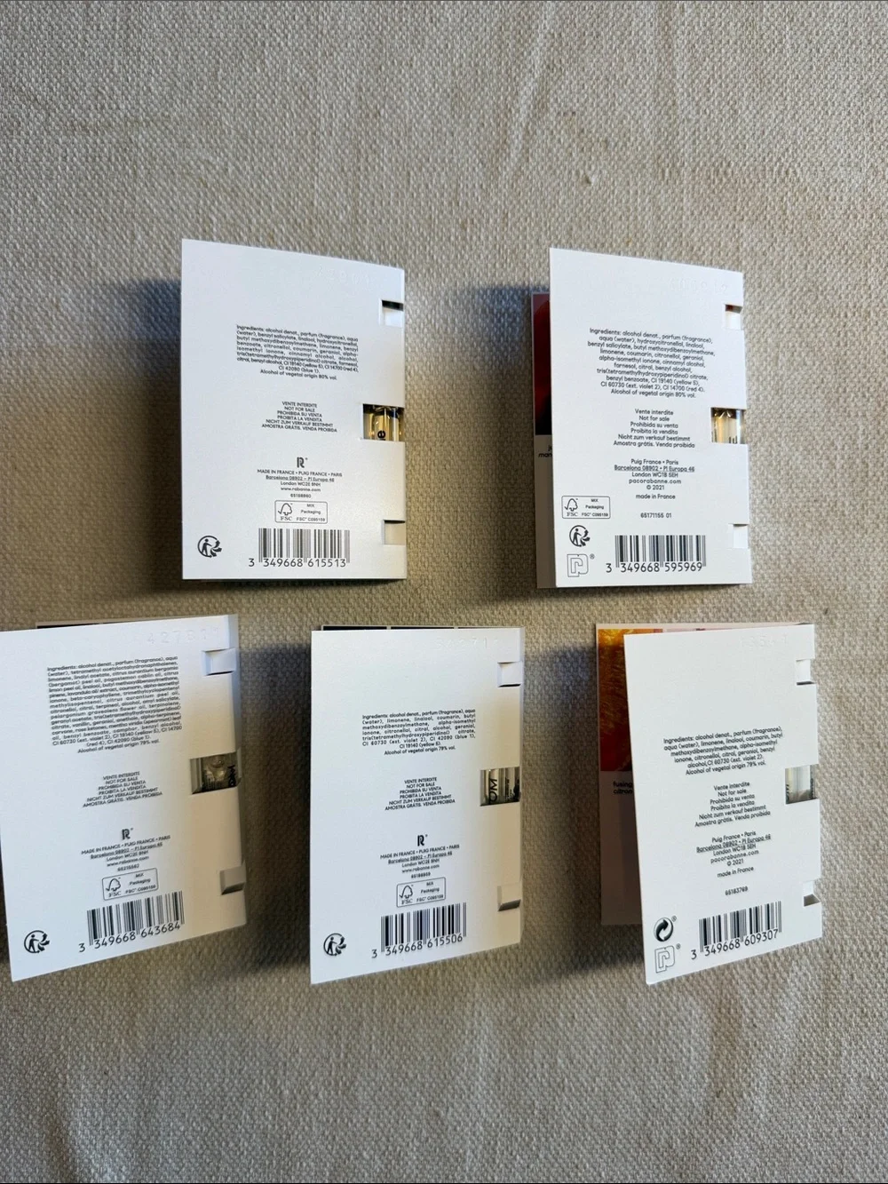 Paco Rabanne Sample Card Set of 5 Fame Snd Phantom NEW